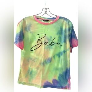 Tie-dye t-shirt with the word "Babe" printed on the front